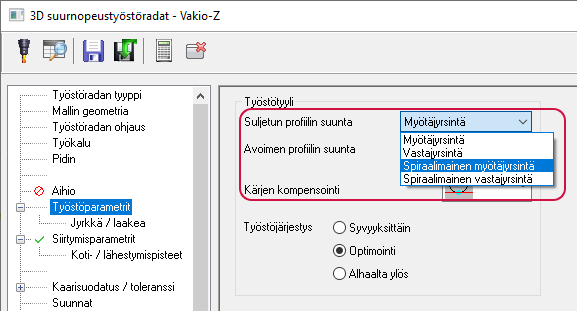 ”Spiraalimainen myötäjyrsintä” ja ”Spiraalimainen vastajyrsintä” korostettuna ”Suljetun profiilin suunta” alasvetovalikossa. 