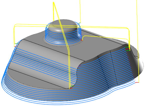 Vakio-Z -työstörata, jossa ”Suljetun profiilin suunta” on asetuksella ”Myötäjyrsintä” ja ”Avoimen profiilin suunta” on asetuksella ”Zigzag”. 