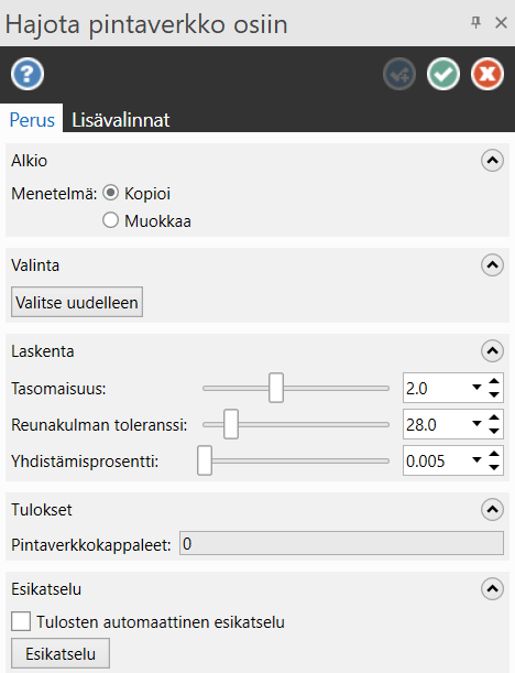”Hajota pintaverkko osiin” toimintoikkuna. 