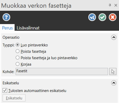 ”Muokkaa verkon fasetteja” toimintoikkuna. 