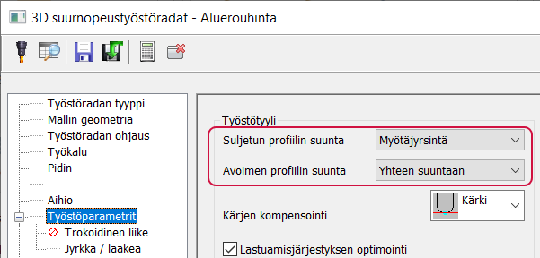 ”Työstöparametrit” sivu. 
