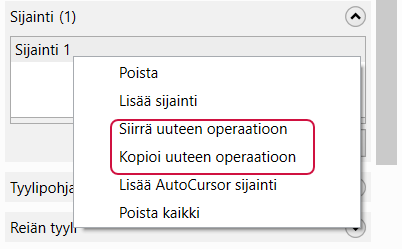 Sijainnin oikean painikkeen valikko. 