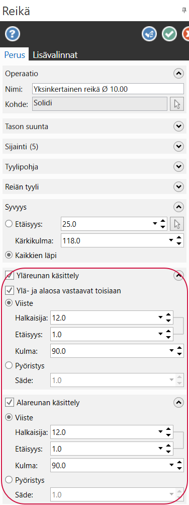 Reikä-toimintoikkuna.