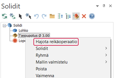 Solidien hallinnan hiiren oikean painikkeen valikko.