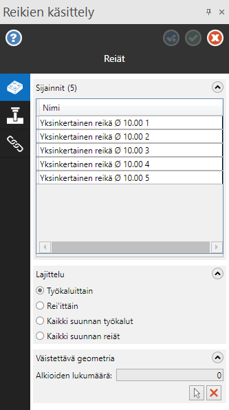 Reikien käsittely toimintoikkuna.