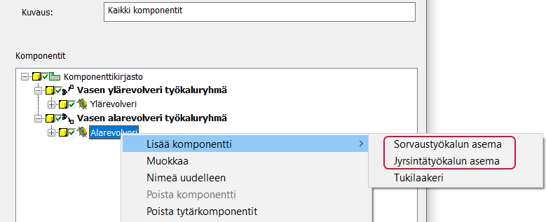 Sorvaustyökalun asema ja Jyrsintätyökalun asetukset. 