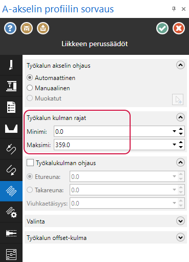 Tässä kuvassa näytetään Työkalukulman rajat.