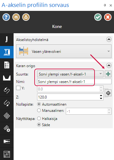 Tässä kuvassa näytetään karan origon Suunta ja Nimi.