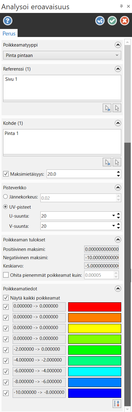 Analysoi eroavaisuus toimintoikkunassa valittuna Pintojen välinen eroavaisuus. 