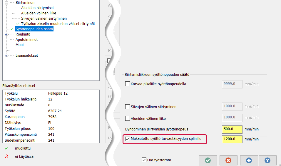 Uusi Mukautettu syöttö turvaetäisyyden splinille -valinta.