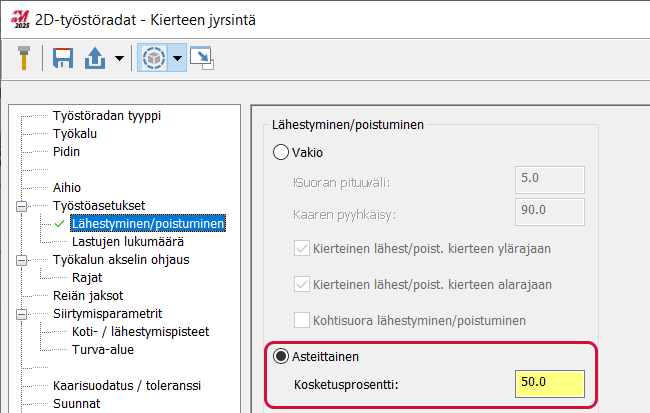 Asteittainen valinta Lähestymisen/poistumisen sivulla.