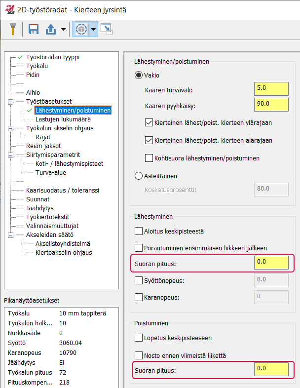 Suoran pituuden valinnat.