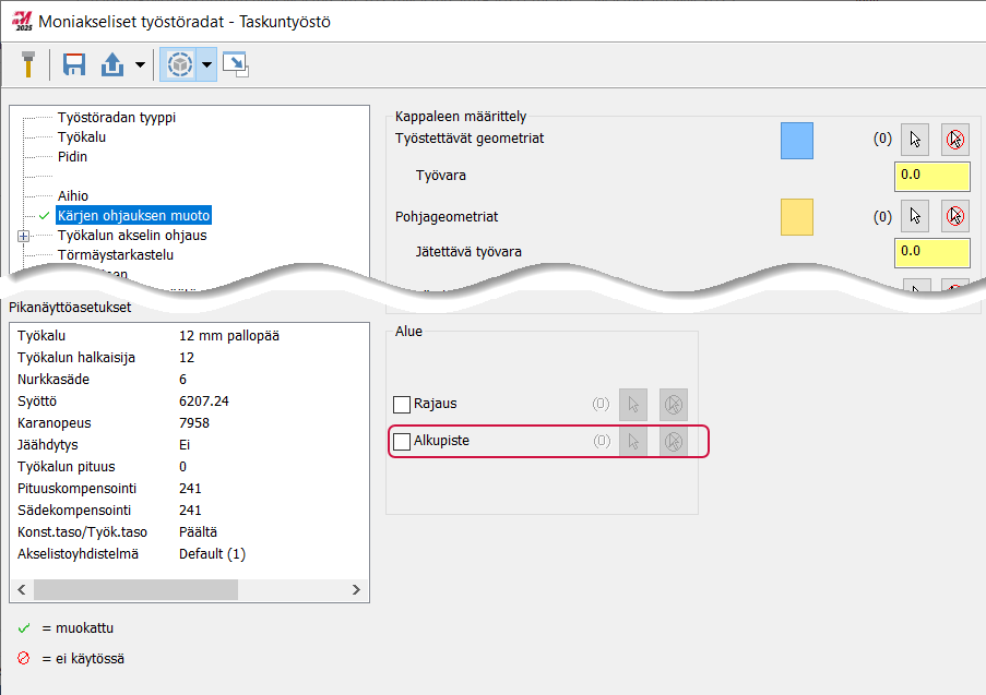 Aloituspisteen asetukset.