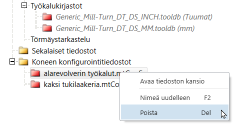 Koneen konfigurointitiedostojen solmupisteen hiiren oikeanpuoleisen painikkeen valikko Koneikkunassa.