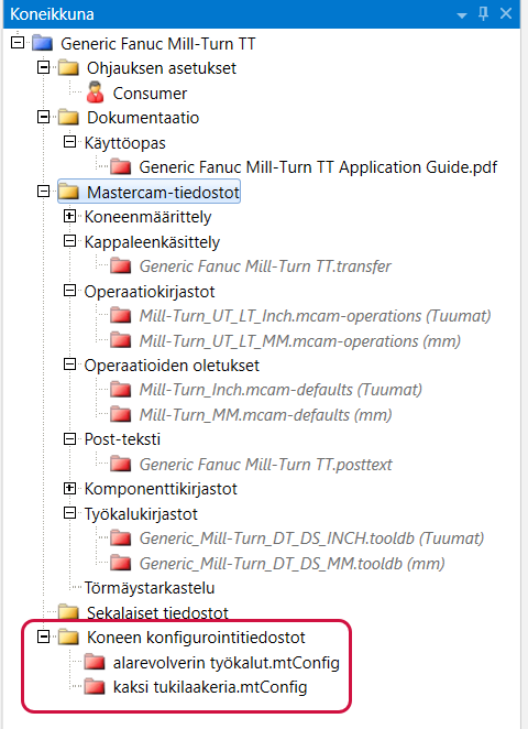 Koneen konfigurointitiedostojen solmukohta Koneikkunassa.