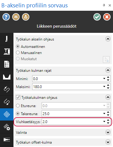 Tässä kuvassa näytetään Viuhkaetäisyys.