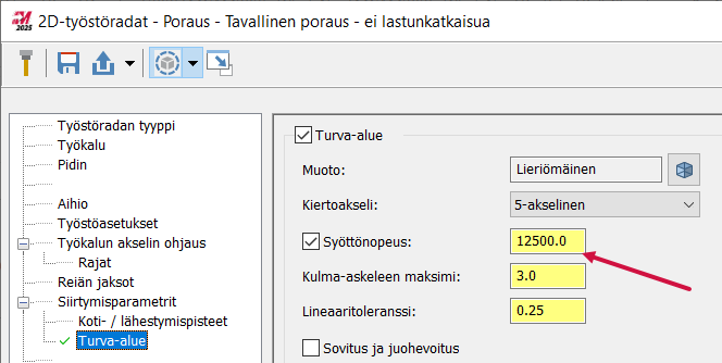 Tässä kuvassa näytetään Turva-alueen syöttönopeuden raja-arvo.