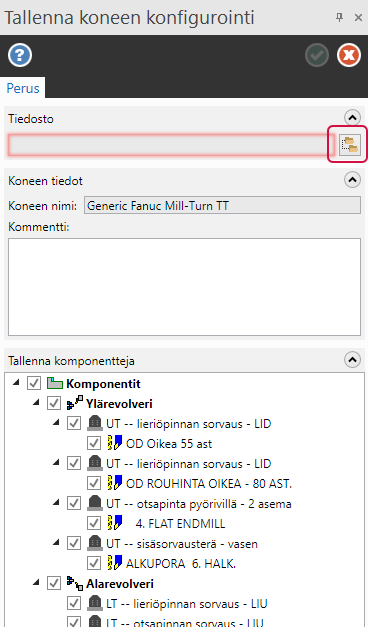 Tallenna koneen konfigurointi toimintoikkuna.