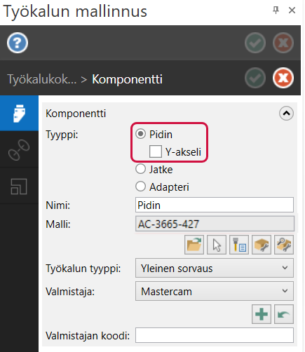 Uusi Y-akselin valinta työkalun pitimille.