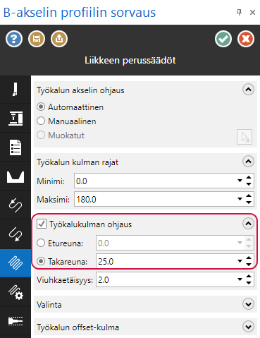 Työkalukulman valinnat.