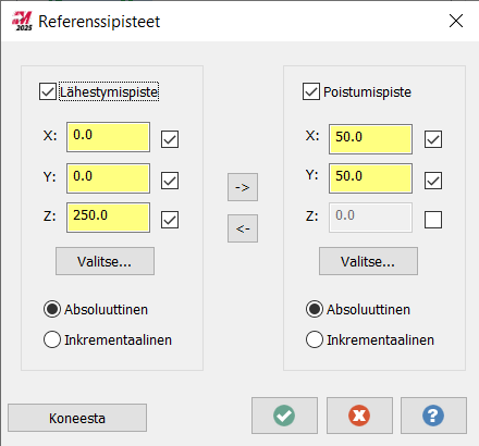 Lähestymis- ja poistumispisteiden koordinaattien asettaminen.