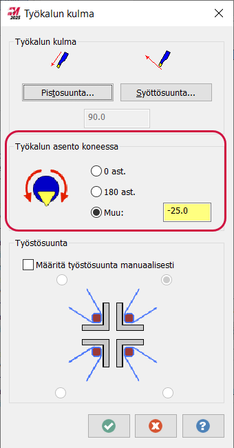A-akselin kulman määrittäminen työkalun suuntaamiseksi.