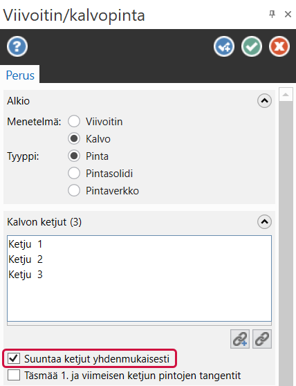 Viivoitin/kalvopinta toimintoikkuna, jossa Suuntaa ketjut yhdenmukaisesti on valittuna.