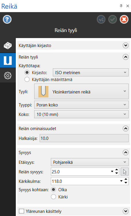 Reiän tyylin välilehti Reiän toimintoikkunassa. 