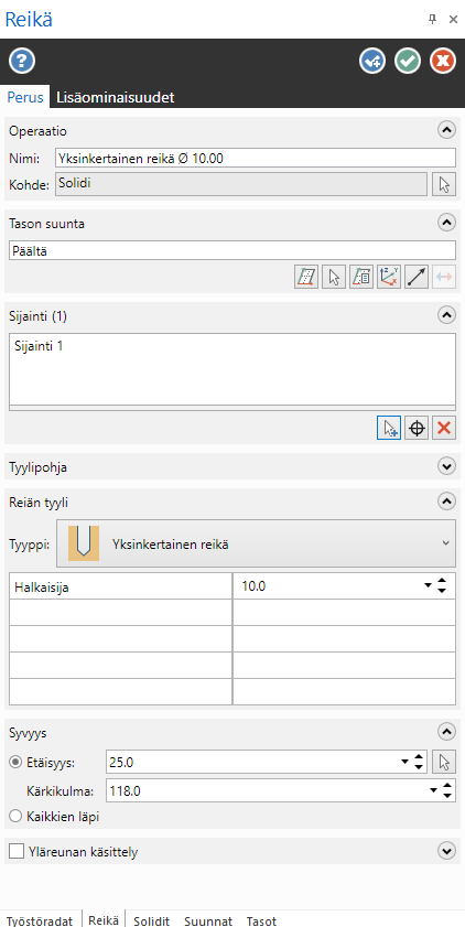 Solidin reikä toimintoikkuna Mastercam 2025 versiossa. 