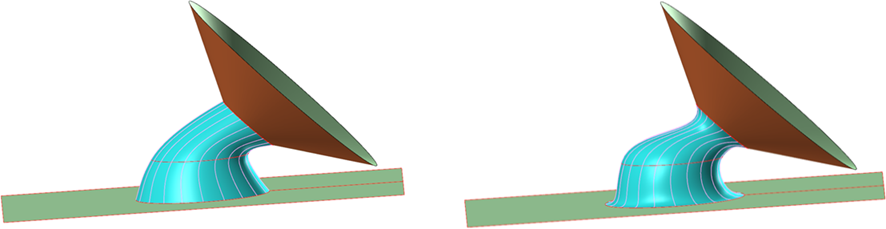 Kalvopinnan vertailu, kun Täsmää ensimmäisen ja viimeisen ketjun pintojen tangentit on valinta on käytössä ja ei ole.