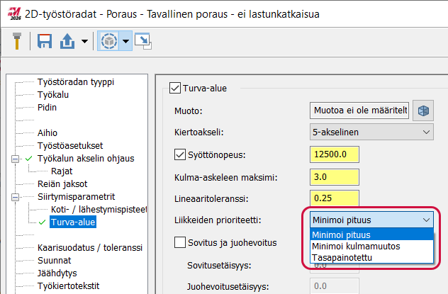 Liikkeiden prioriteetin pudotusvalikko.