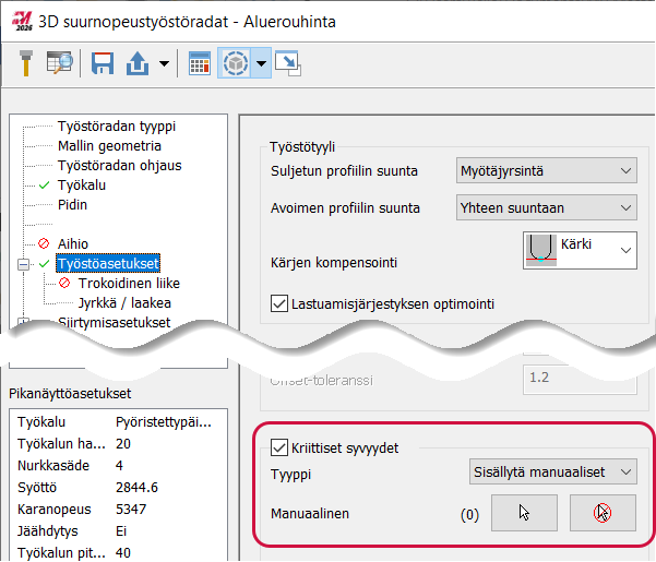 Kriittiset syvyyksien valinnat.
