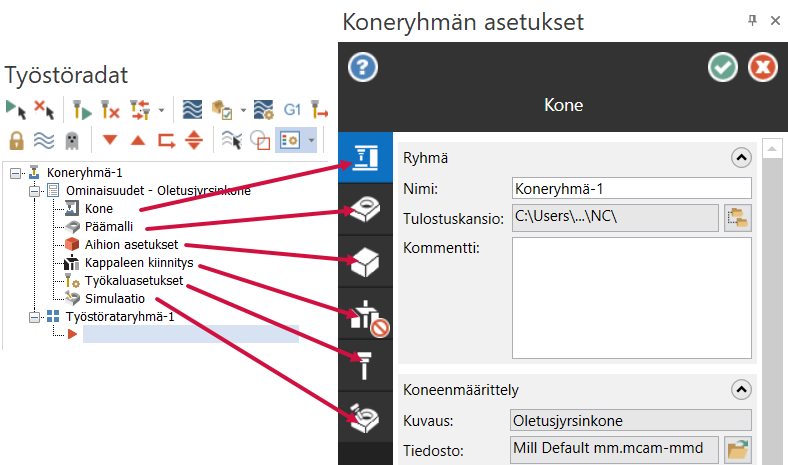Työstöratojen hallinnan linkit Koneryhmien asetuksiin.