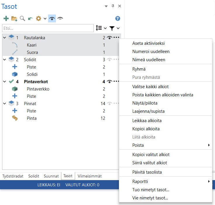 Tasojen hallinnan Lisää toimintoja valikko.