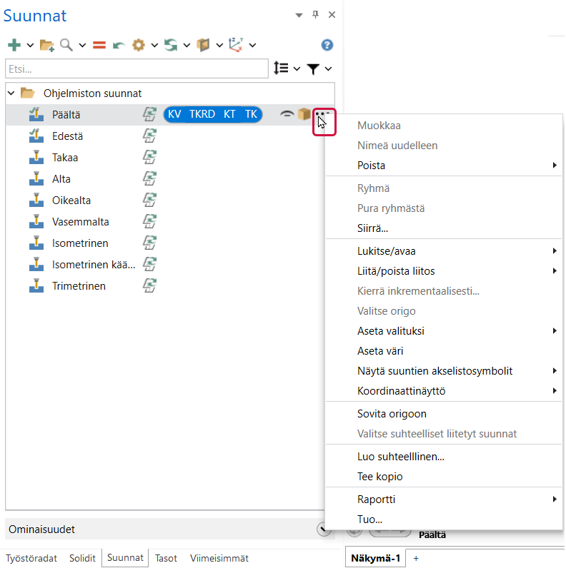 Suuntien hallinnan pudotusvalikko.