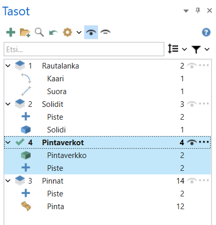 Tasojen hallinnassa kunkin tason geometria näytettynä.