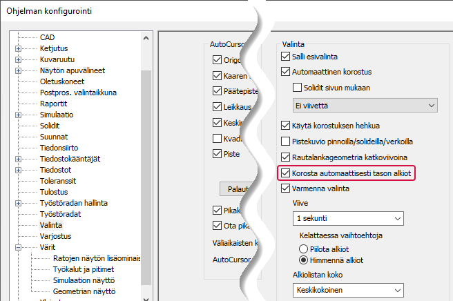 Ohjelman konfiguroinnin Valinta sivu.
