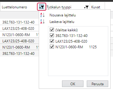 Komponenttitietojen suodatus.