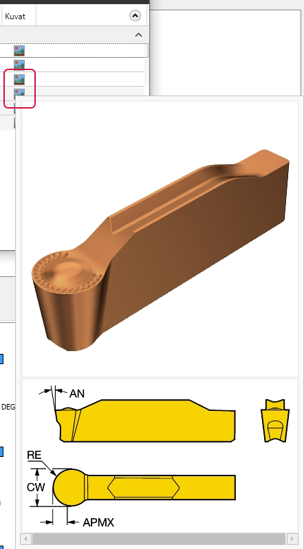 Yksityiskohtainen komponentin kuva työkalun tuonnissa