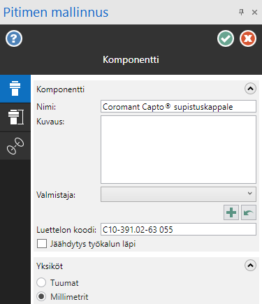 Jyrsintäpitimen mallinnuksen Komponentti sivu