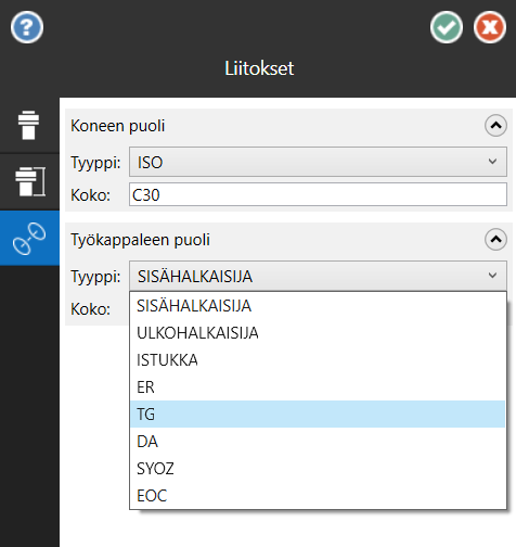 Jyrsintäpitimen mallinnuksen Liitokset sivu