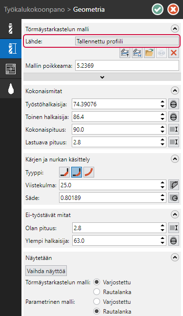 Jyrsintätyökalujen mallinnuksen Geometria sivu.