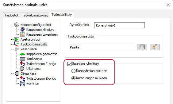 Suuntien ryhmittelyn valinnat Työmäärittelyssä