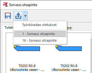 Työstöradan oletusasetusten valikko.