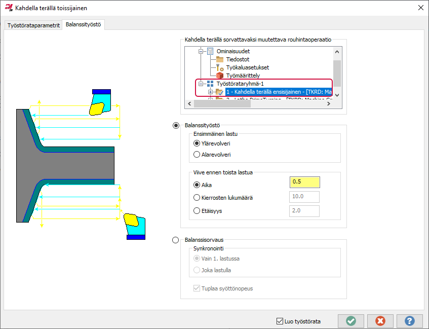 Kahdella terällä työstön asetukset PrimeTurning operatiossa