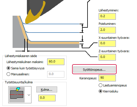 Syöttönopeus painike Ruohintaparametrien välilehdellä.