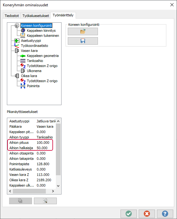 Aihion asetukset Pikanäyttöasetuksien ikkunassa