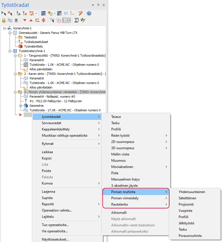 Pintaratojen käyttö valikosta.